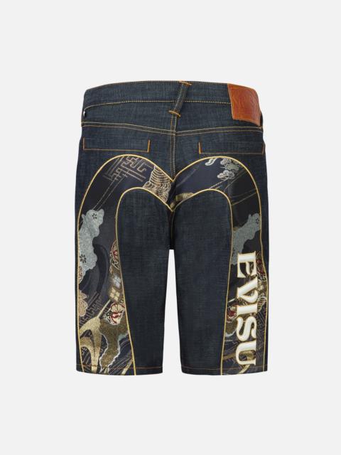 EVISU Brocade Daicock Appliqué와 로고 Embrodiery 일정한 적합 Denim 반바지