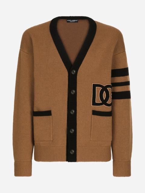 Wool fisherman’s rib cardigan with DG logo patch