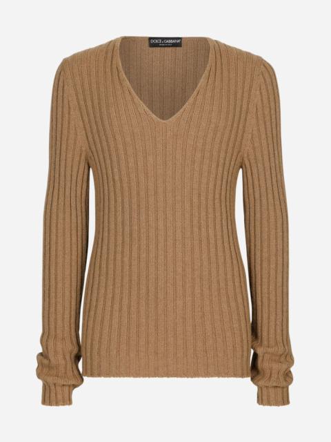 Ribbed camel V-neck sweater