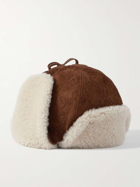 GUCCI Shearling-Lined Logo-Embossed Perforated Suede Trapper Cap
