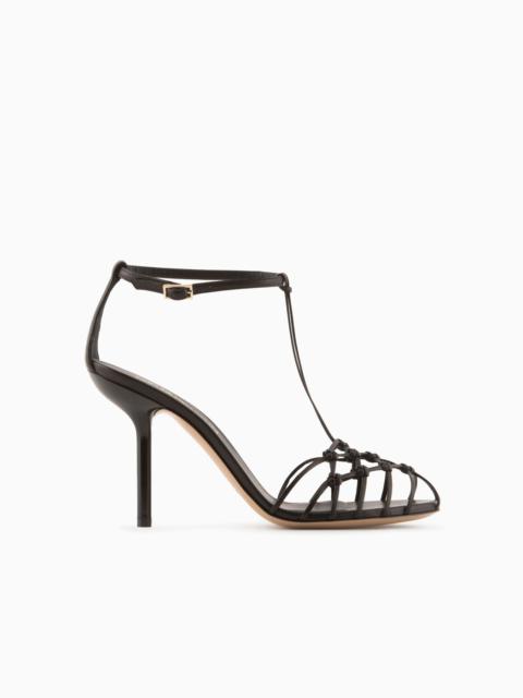 EMPORIO ARMANI Nappa-leather T-sandals with mesh-weave heels