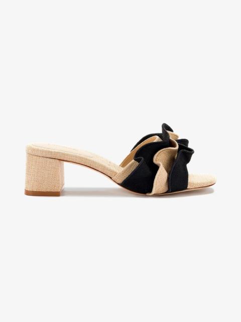 Larroudé Brigitte Ruffle Mule In Beige and Black Raffia
