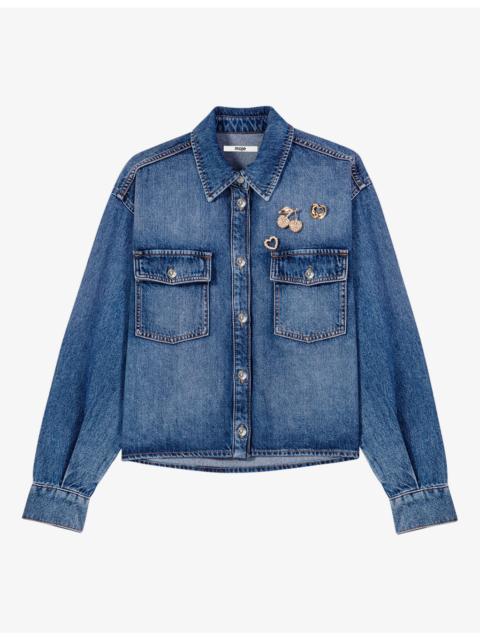 maje Brooch-Embellished Regular-Fit Denim Jacket