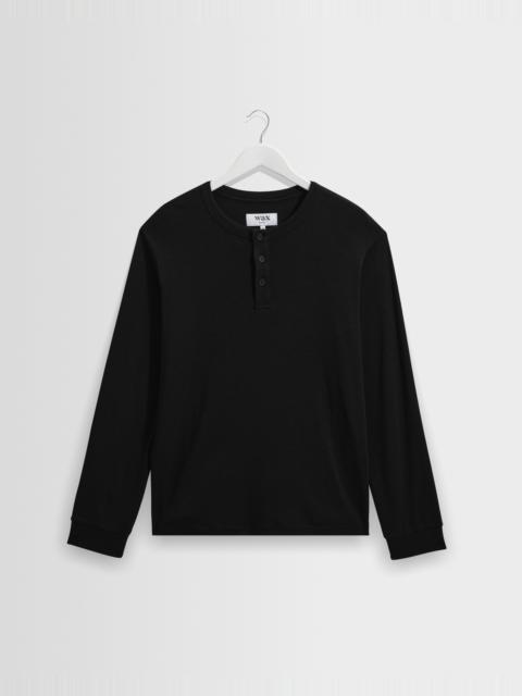Wax London Caleb - Black Brushed Organic Cotton Henley Long-Sleeve T-Shirt