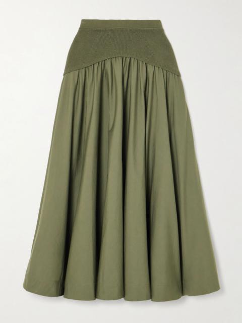 SIMKHAI Ovie pleated ribbed-knit trimmed cotton-poplin midi skirt Green