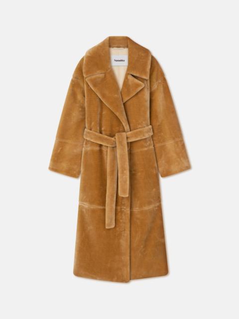 Nanushka Carian oversized belted faux fur coat, netaporter