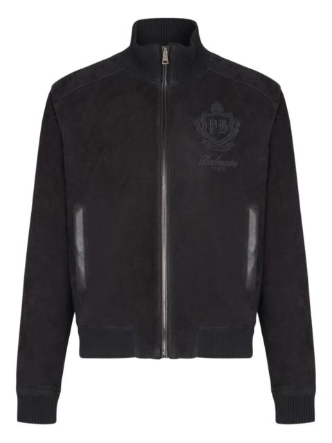 Balmain embroidered-emblem suede jacket