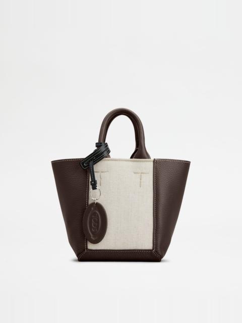 Tod's TOD'S DOUBLE UP SHOPPING BAG IN LEATHER AND CANVAS MINI - BROWN, OFF WHITE