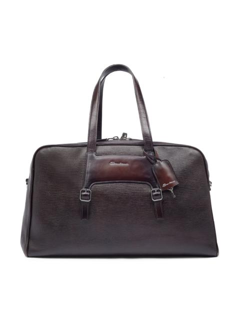 Santoni Brown embossed leather weekend bag