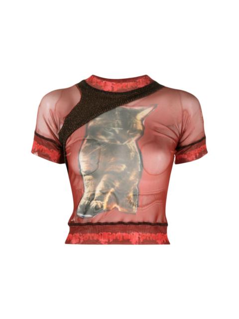 panelled animal-print sheer T-shirt