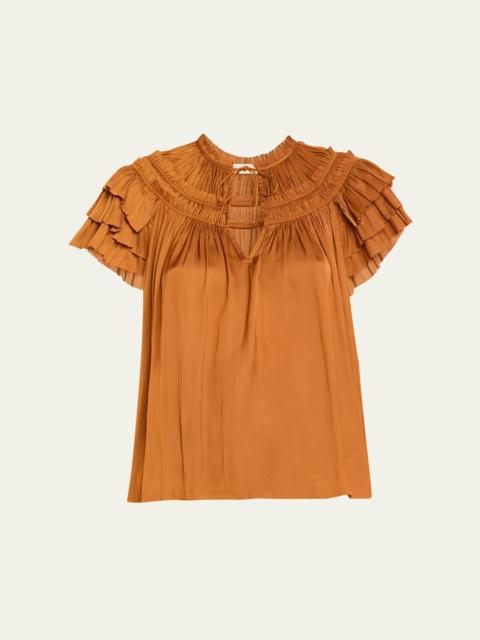 ULLA JOHNSON Elvie Ruched Ruffle Top