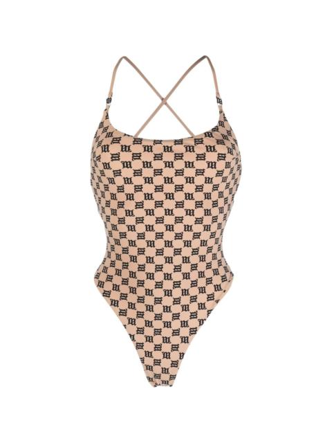 criss-cross monogram-print swimsuit