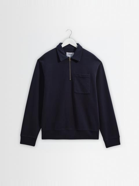Wax London Reeve - Washed Navy Loopback Organic Cotton Collared Sweatshirt