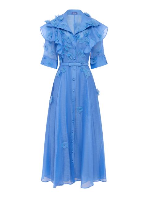 LEO LIN Anya Petal-Embellished Linen-Silk Button-Up Midi Dress blue