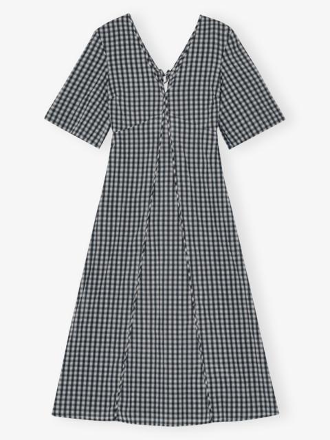 SEERSUCKER CHECK V-NECK LONG DRESS