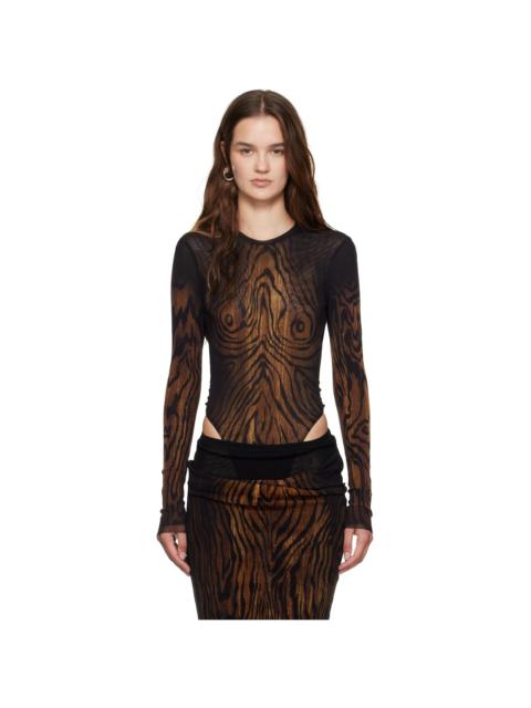 Jean Paul Gaultier Black Mesh Double Layer Printed Wood Bodysuit