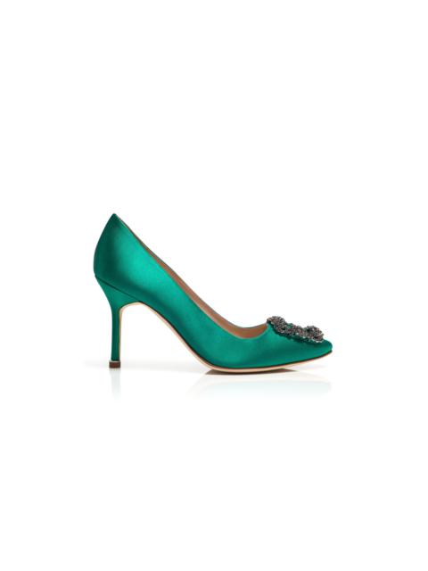 Green Satin Jewel Buckle Pumps