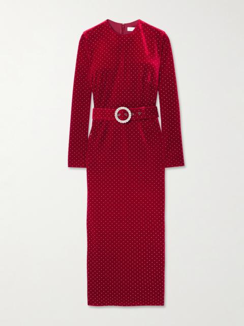 BORGO DE NOR Kiara Belted Crystal-embellished Stretch-velvet Midi Dress