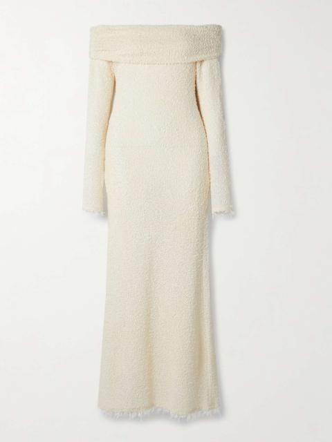 Isabel Marant Ormany frayed off-the-shoulder bouclé maxi dress Ecru
