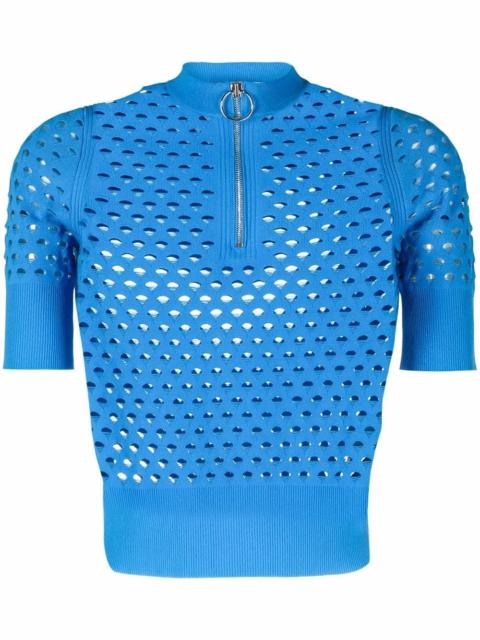 mesh-knit zip-neck top