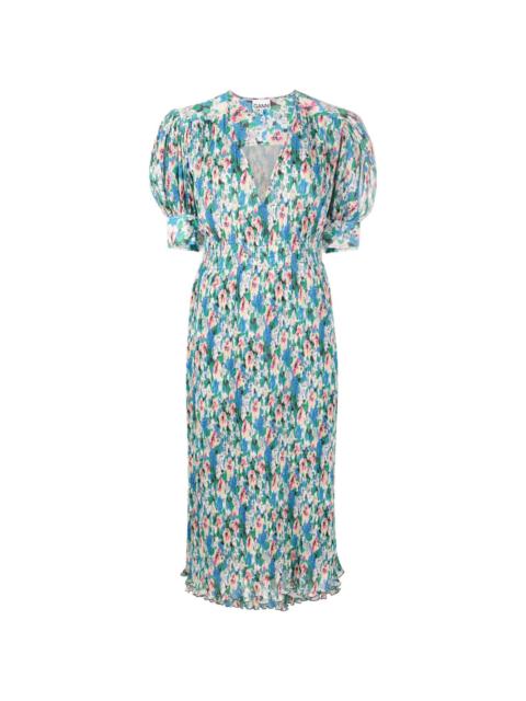 floral-print pleated georgette midi dress