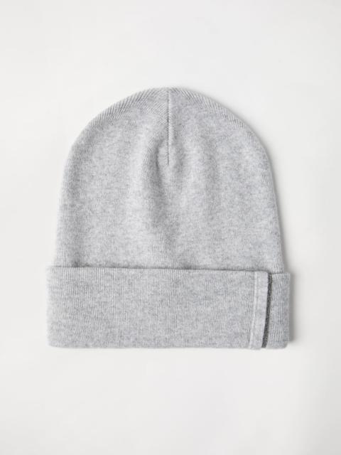 Cashmere rib knit beanie with monili