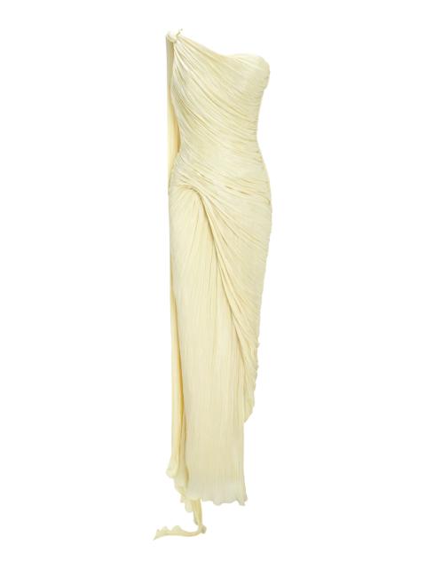 MARMAR HALIM Pleated Asymmetric Silk-Chiffon Gown yellow
