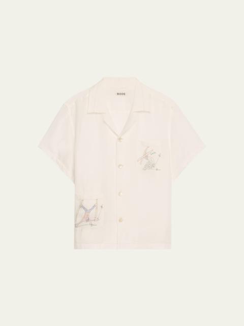 BODE Skiers Embroidered Short-Sleeve Linen Shirt