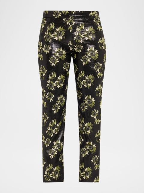 Alexander McQueen Lacquered Sunflower Jacquard Slim-Leg Ankle Pants