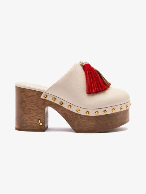 Larroudé Miso Wooden Tassel Clog In Ivory Leather