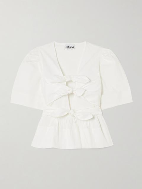 GANNI Belted Tie-detailed Gathered Cotton-blend Poplin Blouse