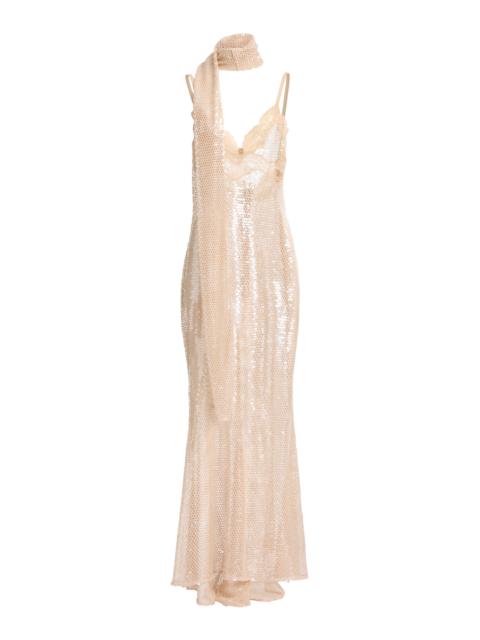 ELIE SAAB Sequin Mesh Long Dress With Lace Border nude