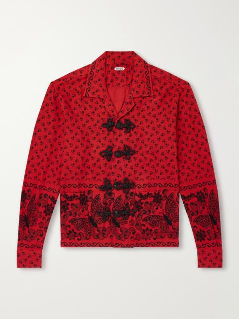 BODE Camp-Collar Embellished Printed Cotton-Poplin Shirt