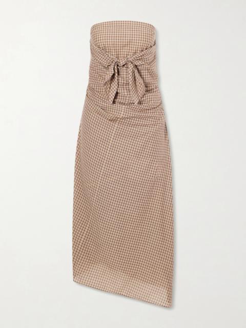 AURALEE Sleeveless Knot-detailed Draped Checked Cotton Midi Dress