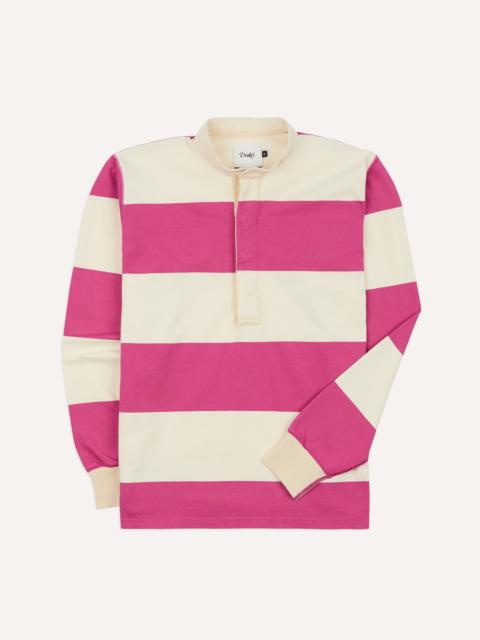 Drake's Pink and White Stripe Cotton Mandarin Collar Rugby Shirt