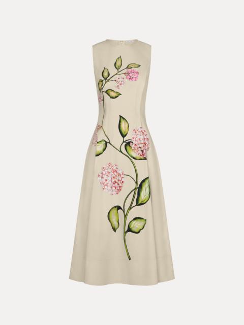 Oscar de la Renta PORCELAIN FLOWER COTTON POPLIN SLEEVELESS DRESS