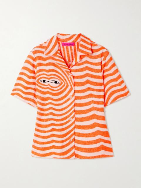 The Elder Statesman Embroidered striped cotton-terry shirt Orange