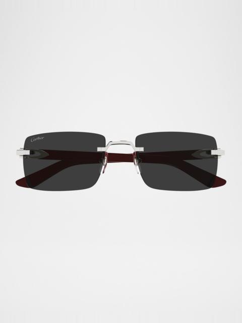 Cartier Men's Rimless Metal C-Hinge Rectangle Sunglasses