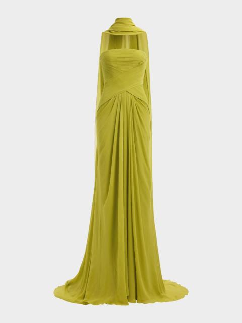 ELIE SAAB Strapless Crisscross Draped Silk Chiffon Gown With Neck Scarf