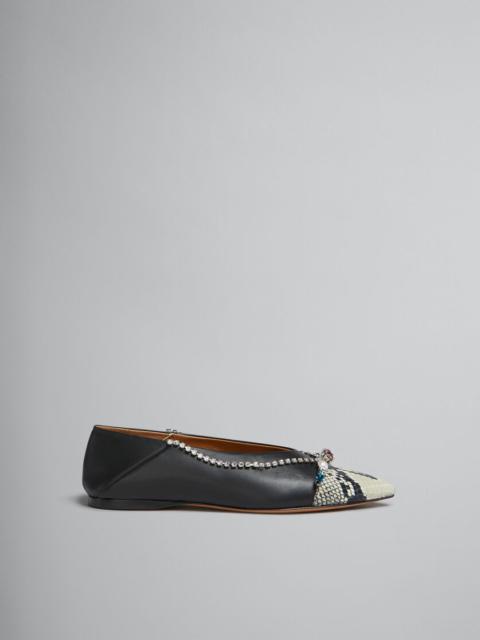 BLACK AND PYTHON-PRINT LEATHER BALLET FLAT WITH RHINESTONES