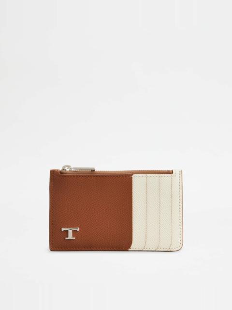 Tod's CARD HOLDER IN LEATHER - BROWN, WHITE
