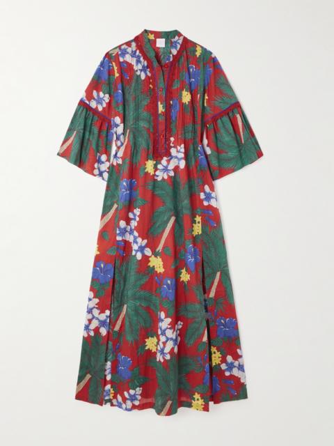 LORETTA CAPONI Alicante Lace-trimmed Pintucked Floral-print Cotton Midi Dress