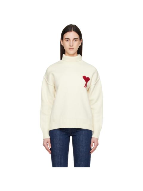 AMI Paris Off-White Contrasted Ami de Coeur Funnel Neck Sweater