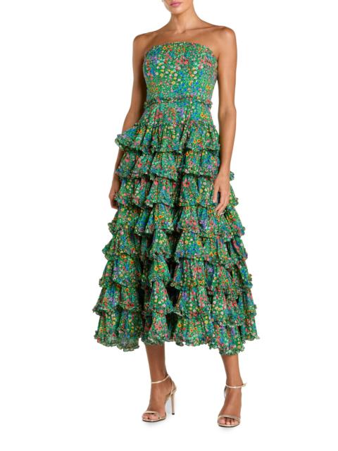 MAC DUGGAL Women's Floral Ruffled Strapless Midi-Dress - Green Multi
