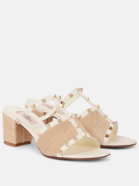 Valentino Rockstud leather and raffia mules