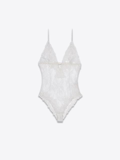 SAINT LAURENT plunging v-neck bodysuit in fern medallion lace