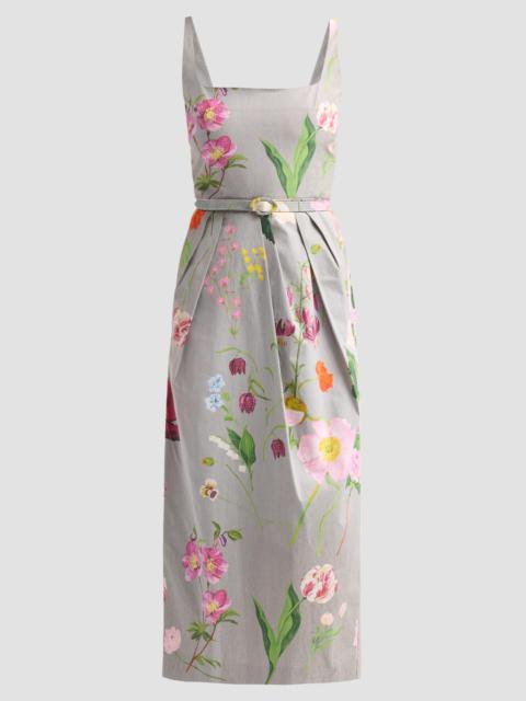 Oscar de la Renta Women's Mixed Botanical Pleated Stretch-Cotton Midi Dress - Grey Multi