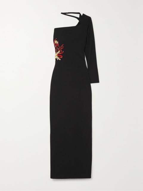 CLIO PEPPIATT Starfish one-sleeve embellished stretch-crepe gown Black