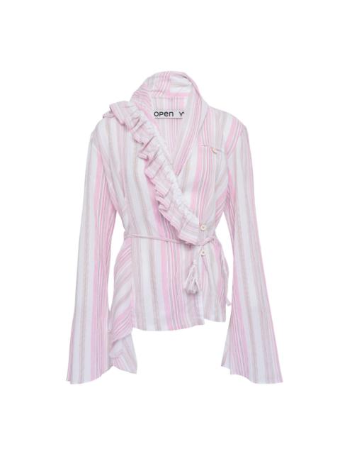 OPEN YY Unbalanced Ruffle Stripe Blouse