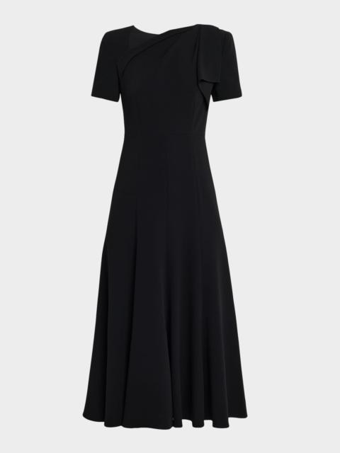 ROLAND MOURET Shoulder Drape Short-Sleeve Light Cady Midi Dress